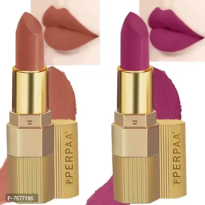 PERPAA&#174; Xpression Weightless Matte Waterproof Lipstick Enriched with Vitamin E One Stroke Application -Combo of 2 (5-8 Hrs Stay) (Innocent Nude, Matte Magenta)