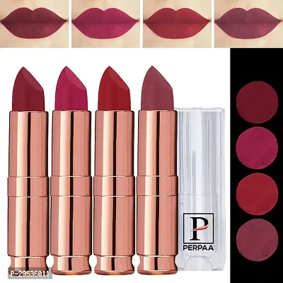 PERPAA Antique Velvet Stick Lipstick, Enreached with Jojoba Oil, Shea Butter Pack of 4 Lipsticks, Shade-Red Apple,Ruby Magenta,Rose Red,Dark Maroon-thumb0