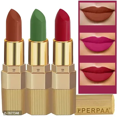 PERPAA&#174; Xpression Weightless Matte Waterproof Lipstick Enriched with Vitamin E One Stroke Application -Combo of 3 (5-8 Hrs Stay) (Matte Rust Brown ,Matte Apple Red ,Natural Pink)