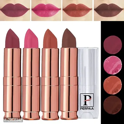 PERPAA Antique Velvet Stick Lipstick, Enreached with Jojoba Oil, Shea Butter Pack of 4 Lipsticks, Shade-Pink,Nude,Brown,Red Apple