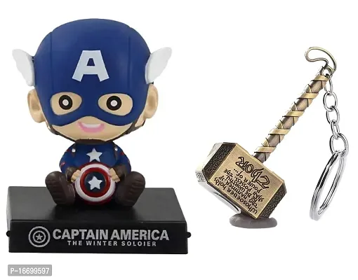 Set of 2 Super Hero Captain Action America Figure Limited Edition Bobblehead with Mobile Holder for Car Dashboard with Thor Hammer Keychain Gift