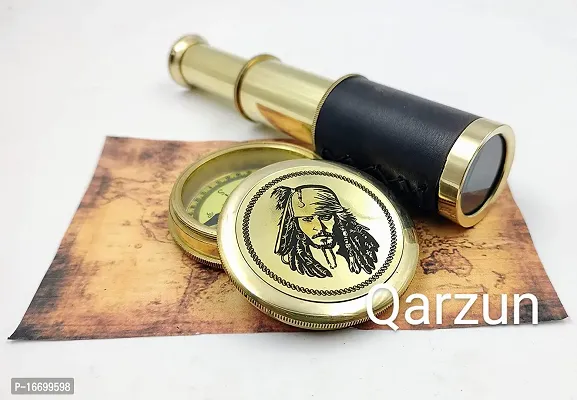 Captain Jack Sparrow Brass Compass with Mini 2 fold Telescope Leather Grip Pirates Lovers Kit-thumb0