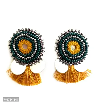 Handcrafted earrings in combination with mirror work, multi color bead work and tassels for girls and women-thumb3