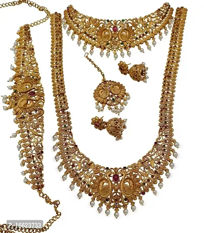 Nagneshi Art Gold Plated Matte Finish Necklace,Maang tikka,Kamarband and Jhumki Earring set for Women