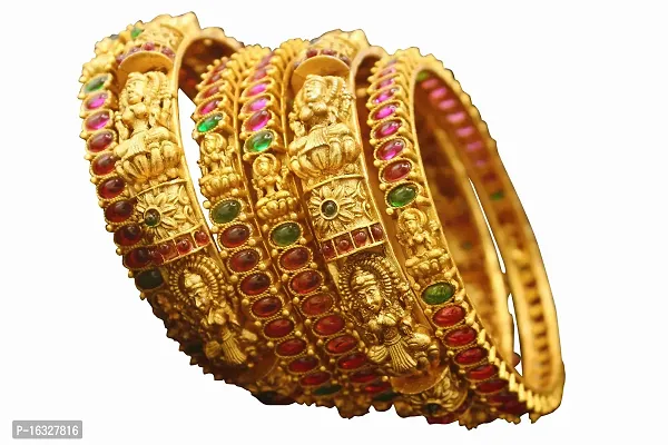 Gold Plated Bangles with dimond cut Colored Stones and Antique Lakshmi (Set of 6)-thumb2