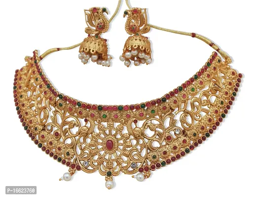 Nagneshi Art Gold Plated Matte Finish Choker Necklace and Jhumki Earring set for Women