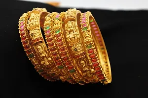 Gold Plated Bangles with dimond cut Colored Stones and Antique Lakshmi (Set of 6)-thumb2