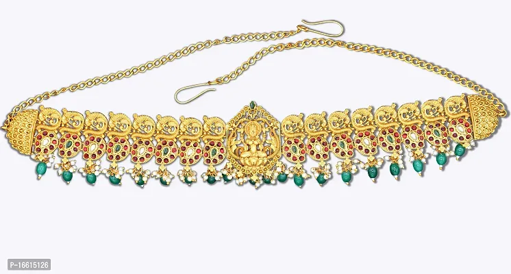 Nagneshi Art Gold-Plated Stone Studded White Moti Green Drop Kamarband Belly-Chain Tagdi for Women