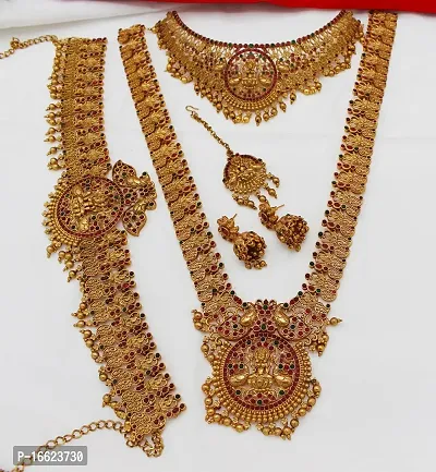 Nagneshi Art Gold Plated Matte Finish Necklace,Maang tikka,Kamarband and Jhumki Earring set for Women