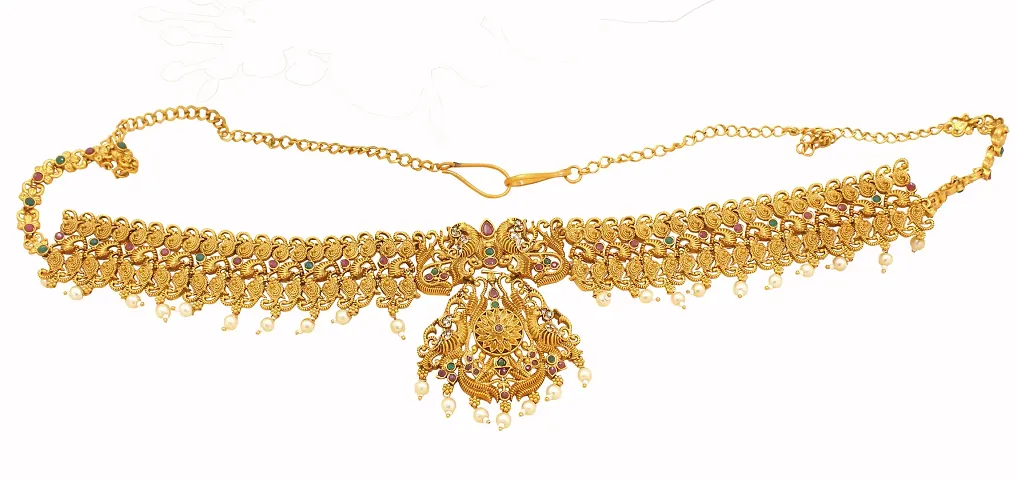 Nagneshi Art Gold-Plated Stone Studded White Moti Kamarband Belly-Chain Tagdi for Women