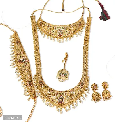 Nagneshi Art Gold Plated Matte Finish Necklace, Kamarband, Jhumki Earring and Maang tikka set for Women