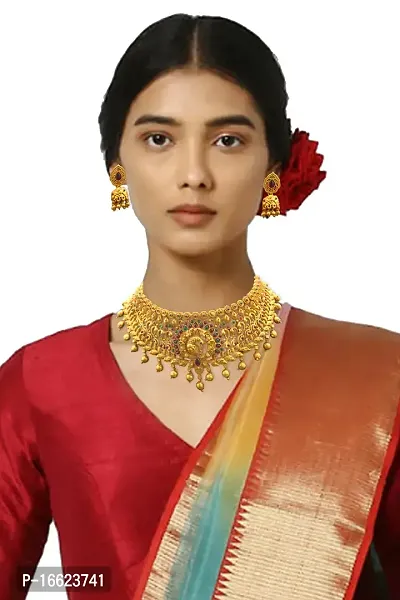 Nagneshi Art Gold Plated Matte Finish Choker Necklace and Jhumki Earring set for Women-thumb5