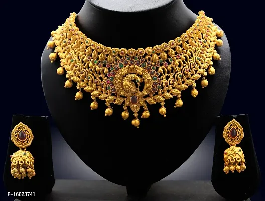 Nagneshi Art Gold Plated Matte Finish Choker Necklace and Jhumki Earring set for Women-thumb4