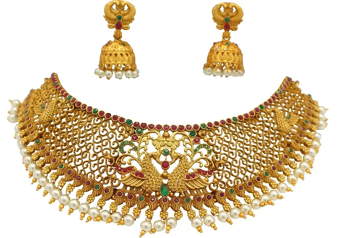 Nagneshi Art Plated Matte Finish Choker Necklace and Jhumki Earring set for Women