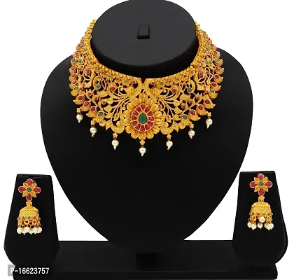 Nagneshi Art Gold Plated Matte Finish Choker Necklace and Jhumki Earring set for Women-thumb3