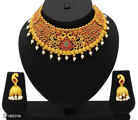 Nagneshi Art Gold Plated Matte Finish Choker Necklace and Jhumki Earring set for Women-thumb0