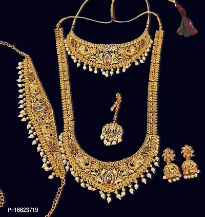 Nagneshi Art Gold Plated Matte Finish Necklace, Kamarband, Jhumki Earring and Maang tikka set for Women-thumb3