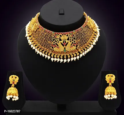 Nagneshi Art Gold Plated Matte Finish Choker Necklace and Jhumki Earring set for Women-thumb4