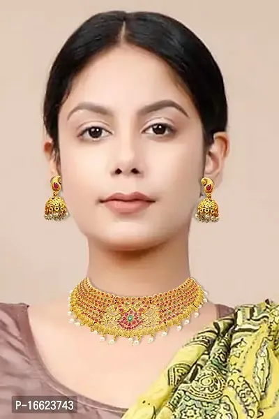 Nagneshi Art Gold Plated Matte Finish Choker Necklace and Jhumki Earring set for Women-thumb3