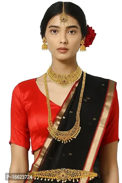 Nagneshi Art Gold Plated Matte Finish Jewellery Set With Hipbelt, Maangtikka, Necklace and Earring set for Women-thumb2