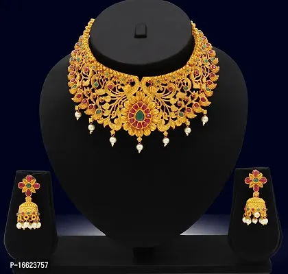 Nagneshi Art Gold Plated Matte Finish Choker Necklace and Jhumki Earring set for Women-thumb4