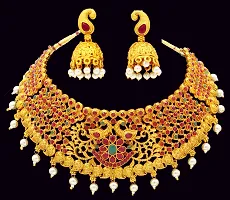 Nagneshi Art Gold Plated Matte Finish Choker Necklace and Jhumki Earring set for Women-thumb1