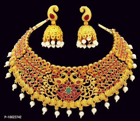 Nagneshi Art Gold Plated Matte Finish Choker Necklace and Jhumki Earring set for Women-thumb2