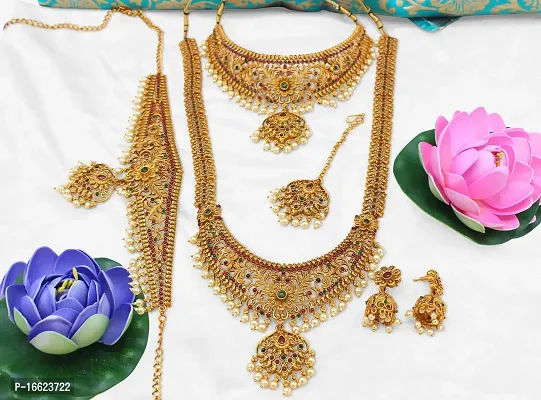 Nagneshi Art Gold Plated Matte Finish Necklace, Kamarband and Jhumki Earring set for Women-thumb2