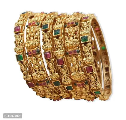 Gold Plated Patterned Bangles with Colored Stones and Antique Lakshmi (Set of 6)
