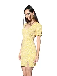 Women Yellow  White Floral Printed V-Neck Puff Sleeve Straight Hem Side-Slitted Bodycon Mini Dress-thumb1