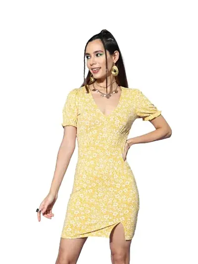 Women Floral V-Neck Puff Sleeve Straight Hem Side-Slitted Bodycon Mini Dress