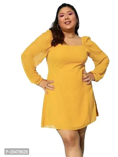 Women Plus Size Solid Yellow Dobby Weave Square Neck Georgette Sheer Flared A-line Mini Dress