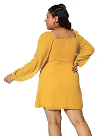 Women Plus Size Solid Yellow Dobby Weave Square Neck Georgette Sheer Flared A-line Mini Dress-thumb1