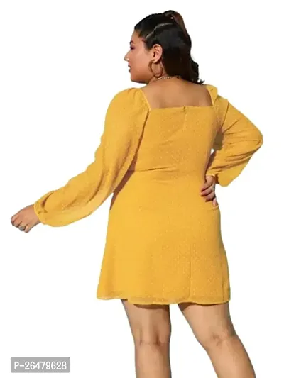 Women Plus Size Solid Yellow Dobby Weave Square Neck Georgette Sheer Flared A-line Mini Dress-thumb2