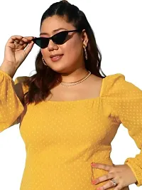 Women Plus Size Solid Yellow Dobby Weave Square Neck Georgette Sheer Flared A-line Mini Dress-thumb3