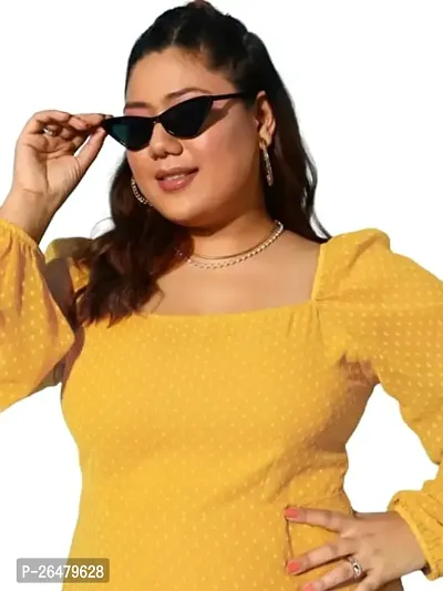 Women Plus Size Solid Yellow Dobby Weave Square Neck Georgette Sheer Flared A-line Mini Dress-thumb4