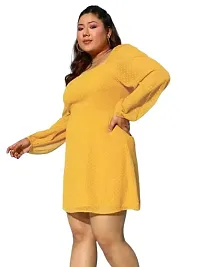 Women Plus Size Solid Yellow Dobby Weave Square Neck Georgette Sheer Flared A-line Mini Dress-thumb4