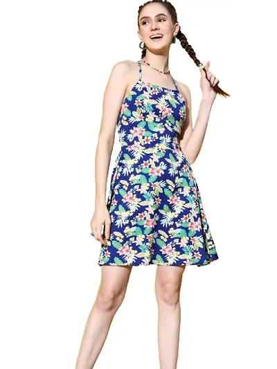 Women Floral Crepe Caged Back Fit Flare Mini Dress (XXL)