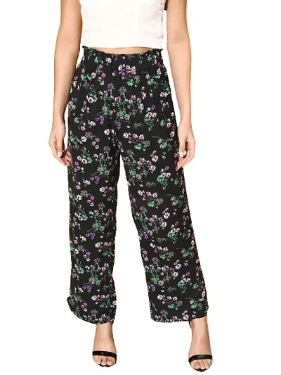 Women Black  Green Floral Printed High-Rise Waist Pleated Regular Trousers (34)
