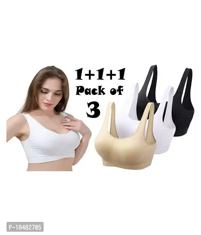 Sports Bra For Women  Girls Cotton Non - padded Full Coverage Beginners Non - Wired T - Shirt Gym Workout Bra With Regular Braod Strap Training Bra For Teenager Kids (Pack Of 3)-thumb0