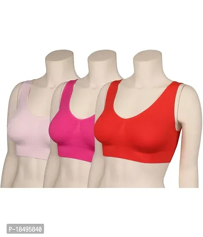 Sports Bra For Women  Girls Cotton Non - padded Full Coverage Beginners Non - Wired T - Shirt Gym Workout Bra With Regular Braod Strap Training Bra For Teenager Kids (Pack Of 3)-thumb0