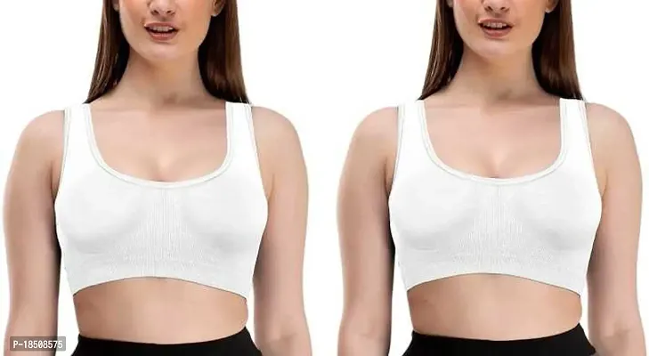 Pack Of 3 Sports Bra For Women  Girls Cotton Non - padded Full Coverage Beginners Non - Wired T - Shirt Gym Workout Bra With Regular Braod Strap Training Bra For Teenager Kids (White)-thumb0