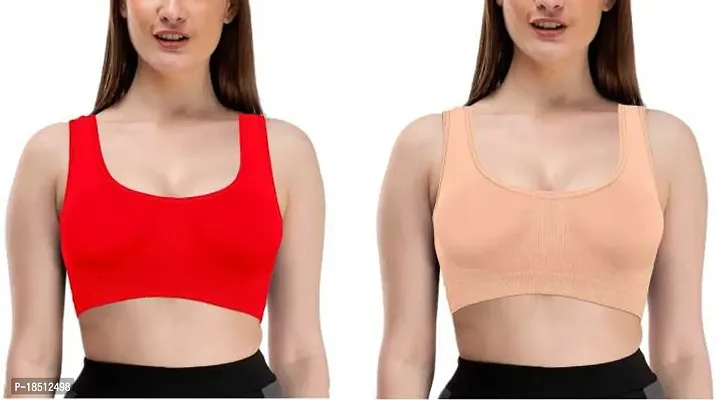 Sports Bra For Women  Girls Cotton Non - padded Full Coverage Beginners Non - Wired T - Shirt Gym Workout Bra With Regular Braod Strap Training Bra For Teenager Kids (Pack Of 2)-thumb0