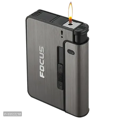 Focus Ultra Thin Cigarette Case with inbuilt Cigarette Lighter Jet Flame Windproof (Platinum Series) (Black)