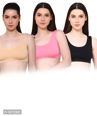 Sports Bra for Women  Girls, Cotton Non - Padded Full Coverage Beginners Non - Wired T - Shirt Gym Workout Bra With Regular Broad Strap, Training Bra for Teenager Kids (Pack Of 3)