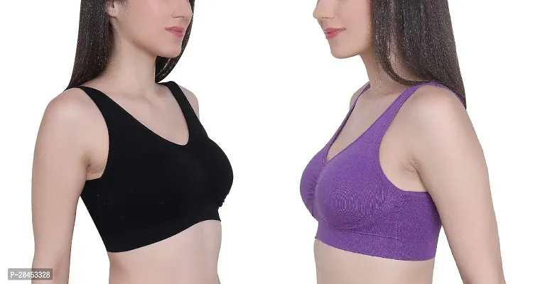 Vaishnavii Women Cotton Elastane Lightly Padded Non Wired Seamless Stretchy Sports Bra Yoga Bra with Removable Pads (Pack of 2)