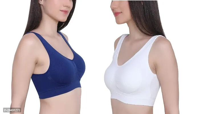 Women Cotton Elastane Lightly Padded Non Wired Seamless Stretchy Sports Bra Yoga Bra with Removable Pads (Pack of 2)