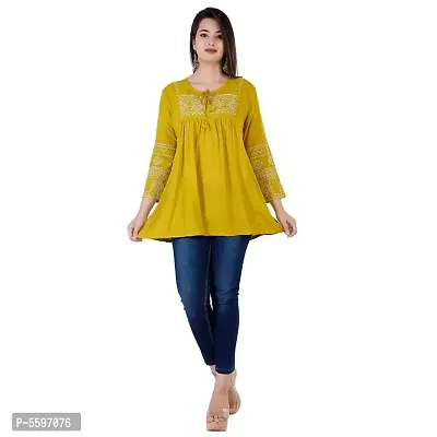 Stunning Yellow Rayon Machine Embroidered Short Kurta For Women-thumb0