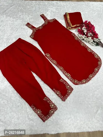 Stylish Red Georgette Kurta With Bottom Wear And Dupatta For Women-thumb2