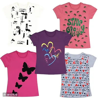 Stylish Multicoloured Cotton Printed Tee For Girls(Pack of 5)